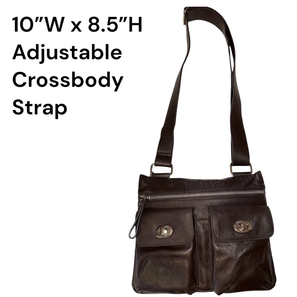 Danier Dark Brown Pebbled Leather Crossbody Bag Adjustable Strap Multi Pocket